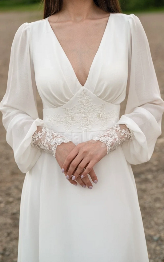 WD0066 Graceful Long Sleeves A-Line V-Neck Wedding Dress with Appliques