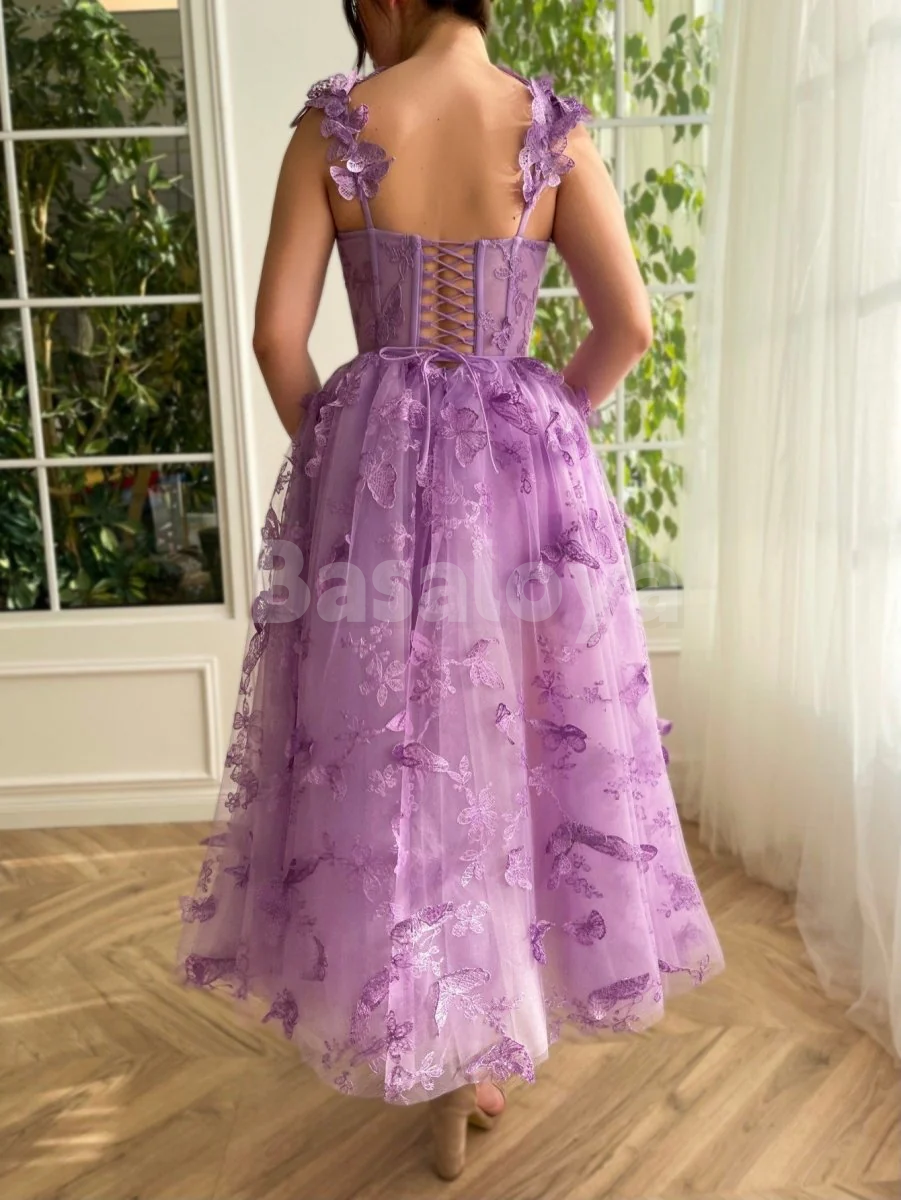 SP0150 Glamorous 3D Butterfly Lilac A-Line Sweetheart Lace Prom Dresses