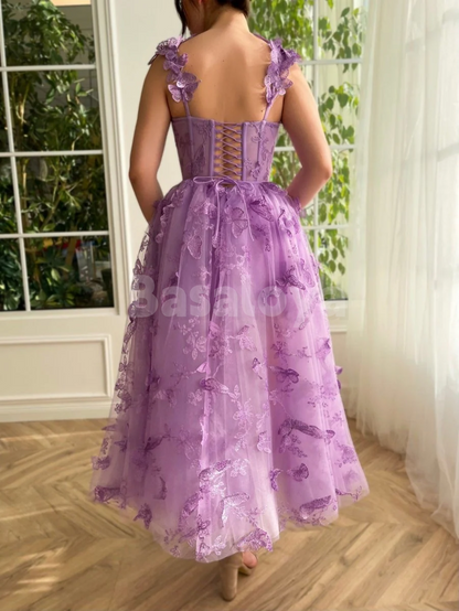 SP0150 Glamorous 3D Butterfly Lilac A-Line Sweetheart Lace Prom Dresses