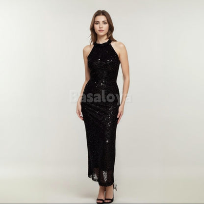 SP0021 Sparkly Black Halter Neck Sequined Sheath Prom Dress Party Gown