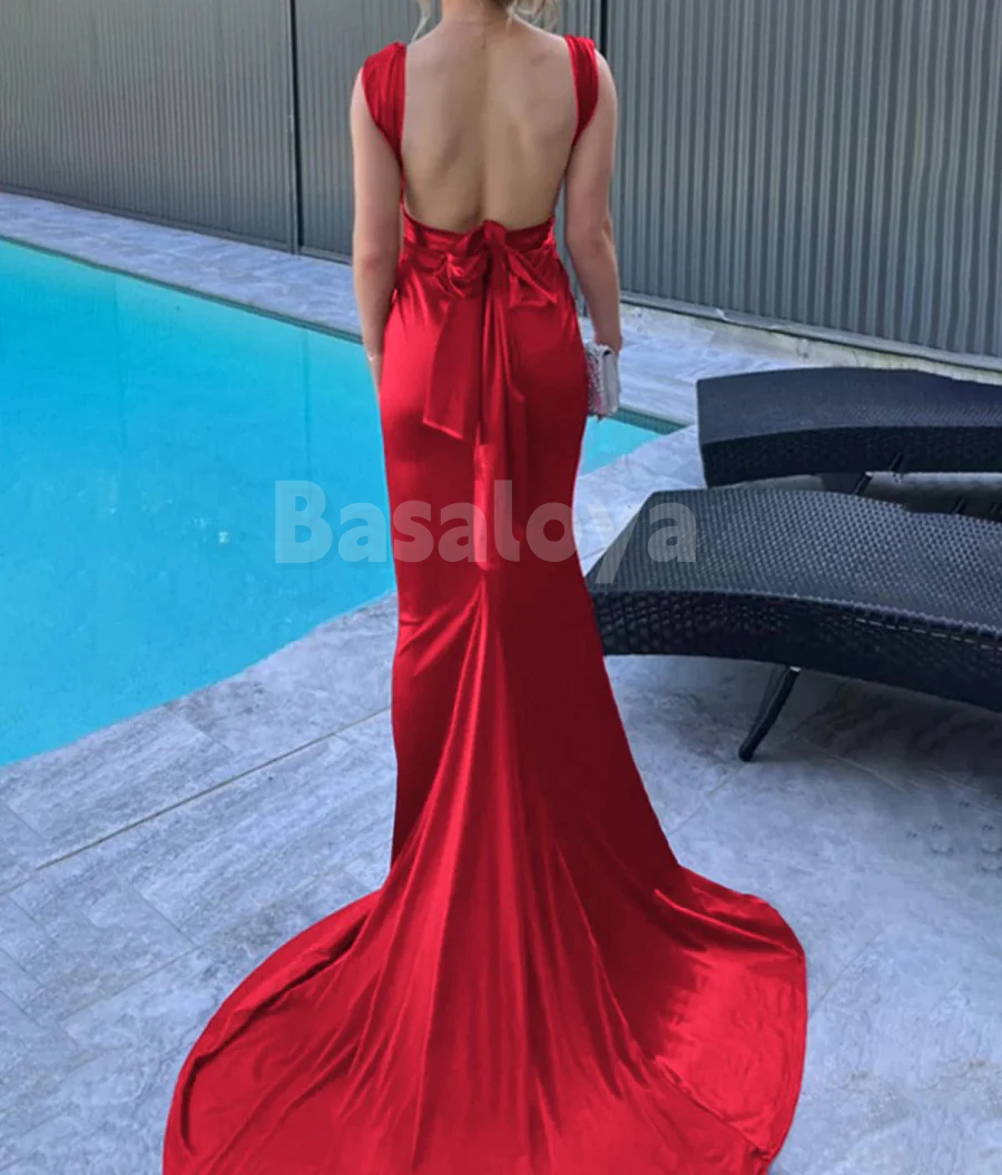 SP0164 Graceful Purple V-Neck Sheath Bow Prom Party Dress with Train