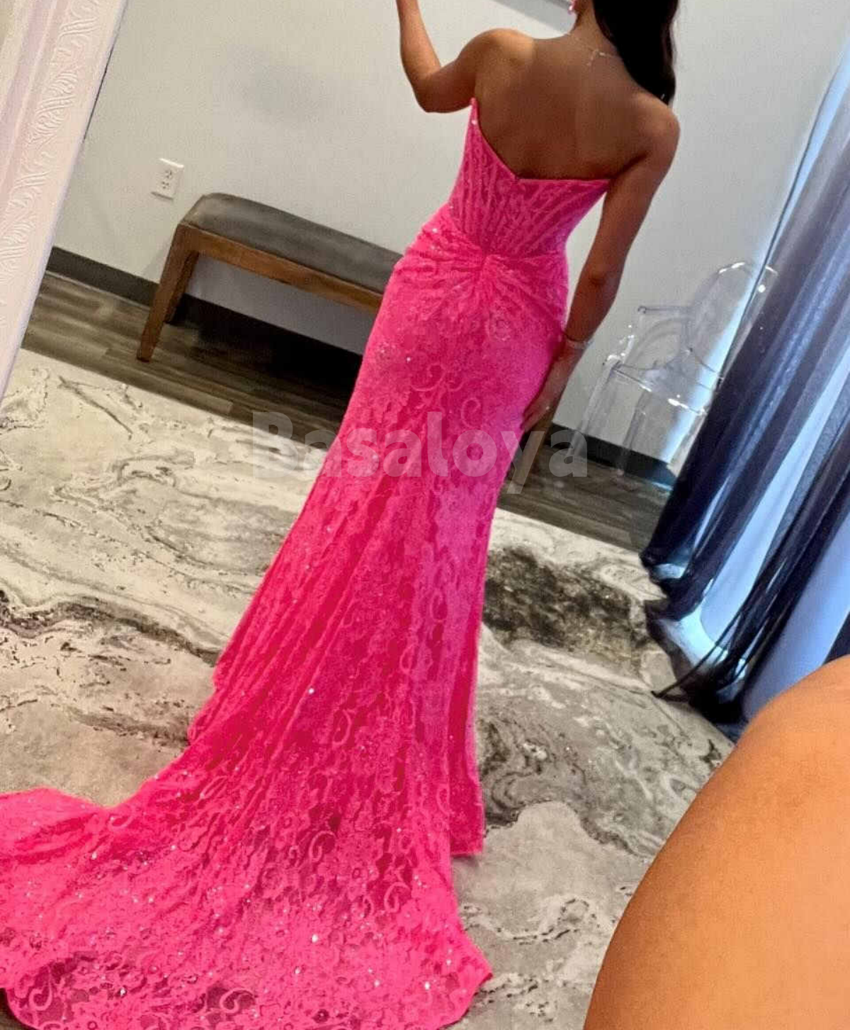 SP0143 Elegant Red Strapless Sheath Side Slit Prom Dress with Train