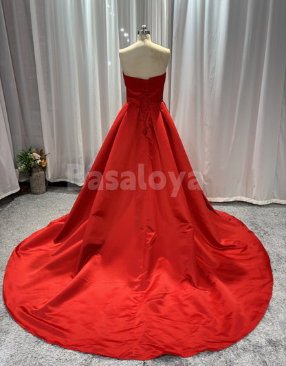 SP0166 Elegant Red V-Neck A-Line Side Slit Prom Evening Dress with Train