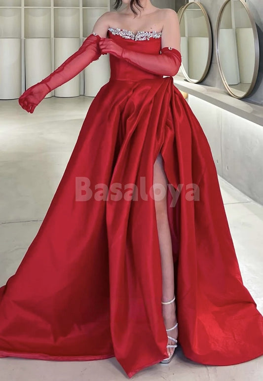 ED0051 Luxury Beaded Red Strapless A-Line Ruched Evening Gown with Gloves