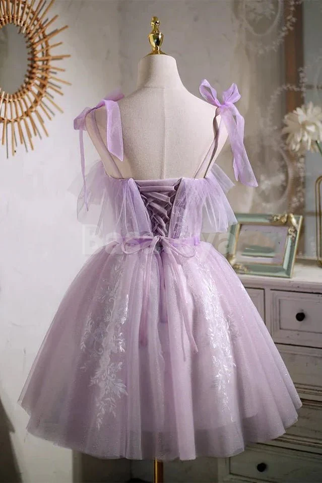 HM0144 Elegant Lilac Sweetheart A-Line Applique Homecoming Gown with Bows
