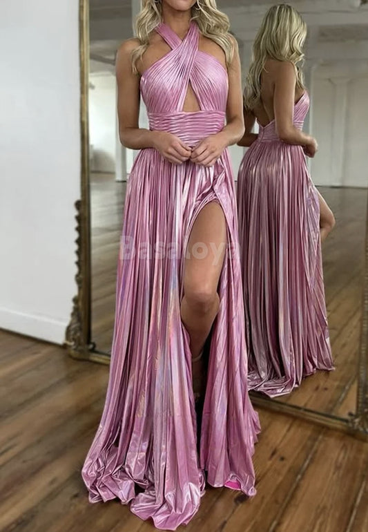 SP0095 Sexy Pink Cross-Neck A-Line Pleated Metallic Prom Dress with Slit