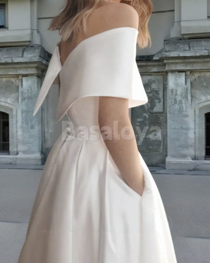 WD0033 Classic Off-Shoulder A-Line Pleats Satin Wedding Dress Bridal Gown