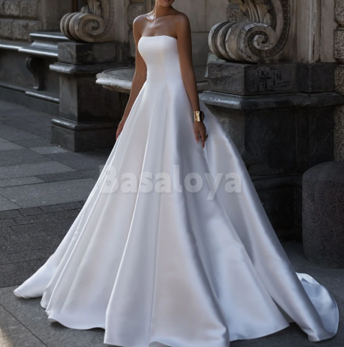 WD0190 Luxury Pearls Long Sleeves Strapless A-Line Pleated Wedding Gown