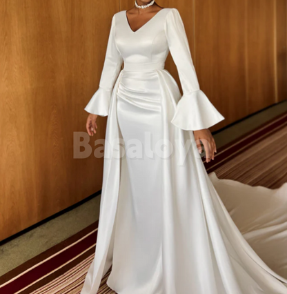 WD0179 Graceful White Long Sleeves V-Neck Sheath Wedding Dress with Overskirt