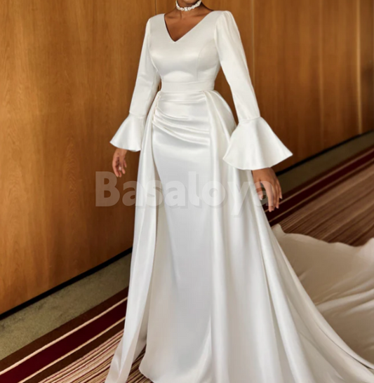 WD0179 Graceful White Long Sleeves V-Neck Sheath Wedding Dress with Overskirt