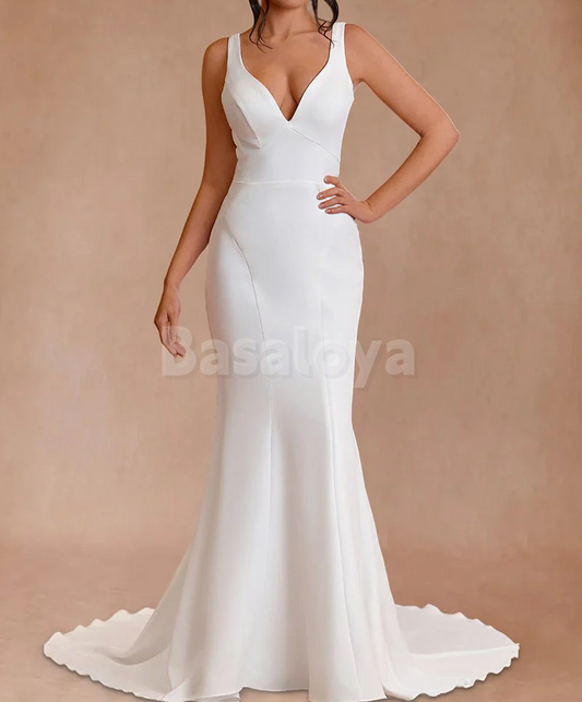 WD0084 Elegant White V-Neck Mermaid Backless Wedding Dress with Train