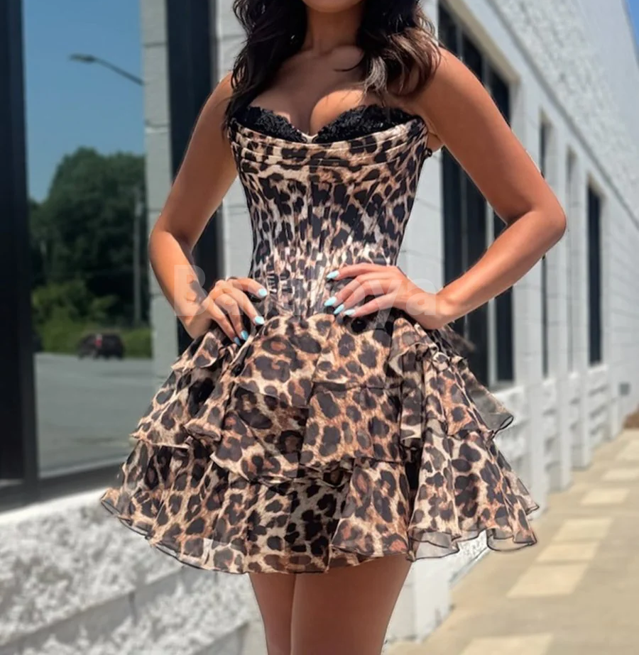 HM0001 Sexy Strapless Leopard Print A Line Mini Homecoming Dress