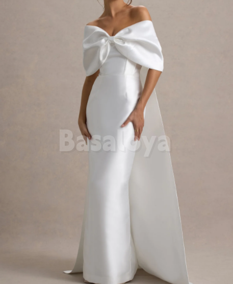 WD0174 Chic White Strapless Bodycon Satin Wedding Dress with Bow Overskirt