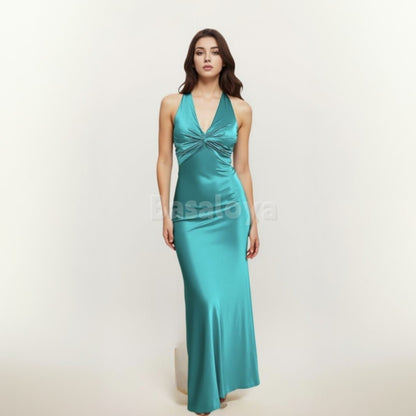 SP0076 Classic Peacock Halter Neck Straight Satin Long Prom Dress