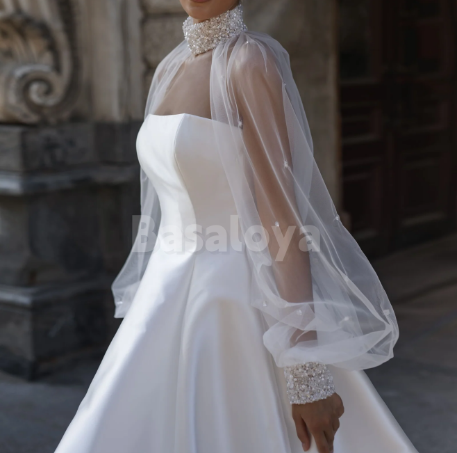 WD0190 Luxury Pearls Long Sleeves Strapless A-Line Pleated Wedding Gown