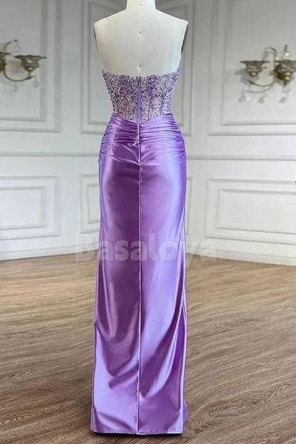 SP0228 Luxury Beaded Lilac Sweetheart Sheath Prom Party Gown with Slit