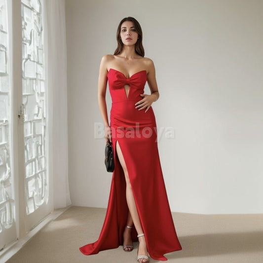 SP0056 Sexy Red Bow Strapless Mermaid Satin Prom Dress with Slit