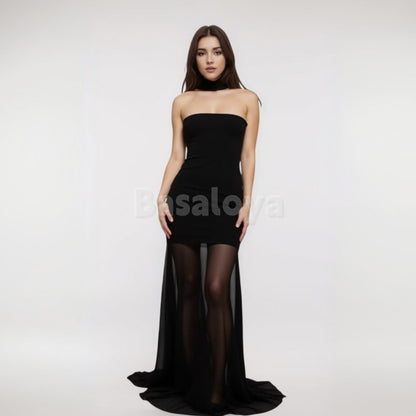 ED0013 Elegant Black Tube Top Sleeveless Mermaid Chiffon Evening Dress with Scarf