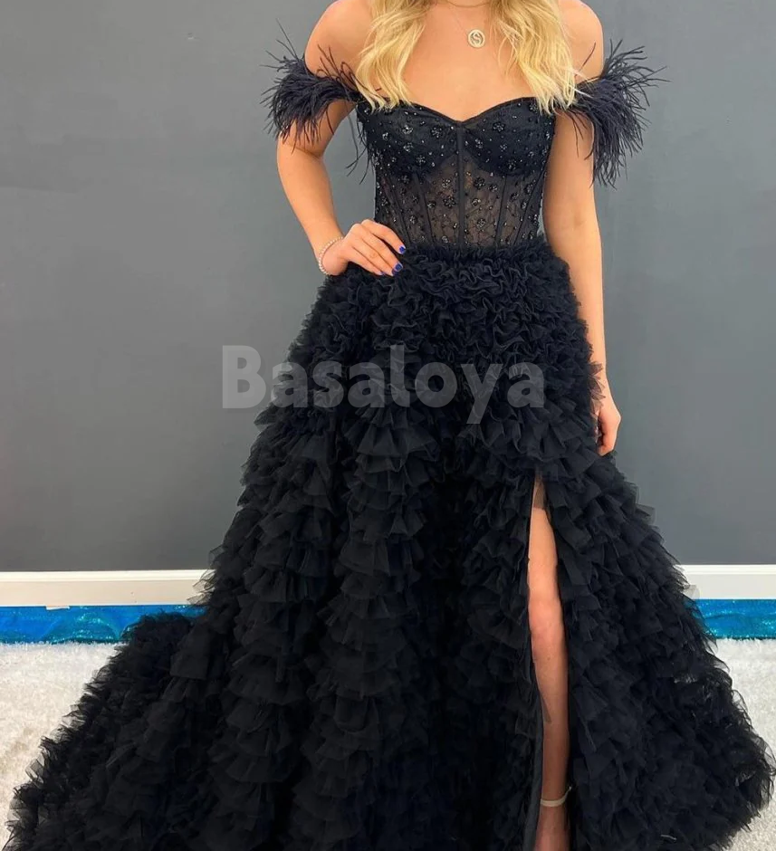 SP0167 Graceful Feathers Pink Off-Shoulder A-Line Tiered Prom Party Dress with Slit