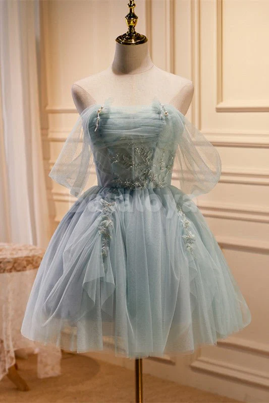 HM0152 Graceful Off Shoulder A-Line Mini Homecoming Dress with Pearls