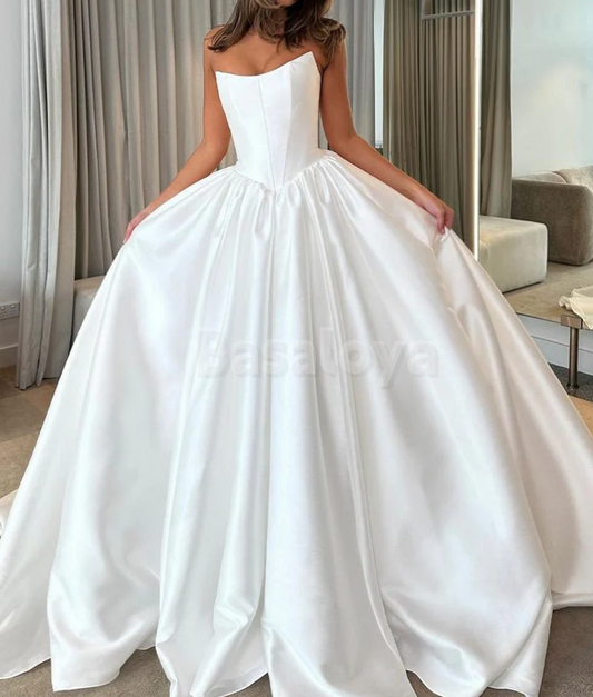 WD0064 Elegant White Strapless A-Line Pleats Satin Bridal Wedding Dress