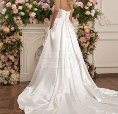 WD0034 Luxury Strapless A-Line Sweep Train Satin Wedding Dress with Pockets