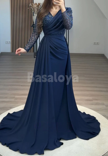 ED0066 Luxury Pearls Navy V-Neck Long Sleeves Evening Gown with Overskirt