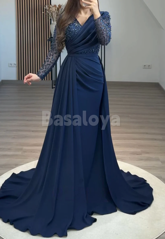 ED0066 Luxury Pearls Navy V-Neck Long Sleeves Evening Gown with Overskirt