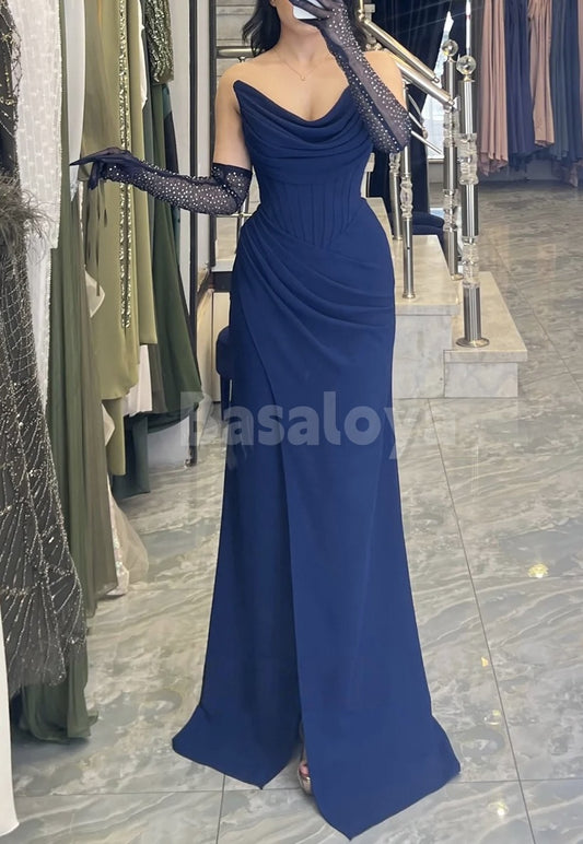 ED0069 Gorgeous Beaded Blue Tube Top Sheath Evening Gown with Gloves