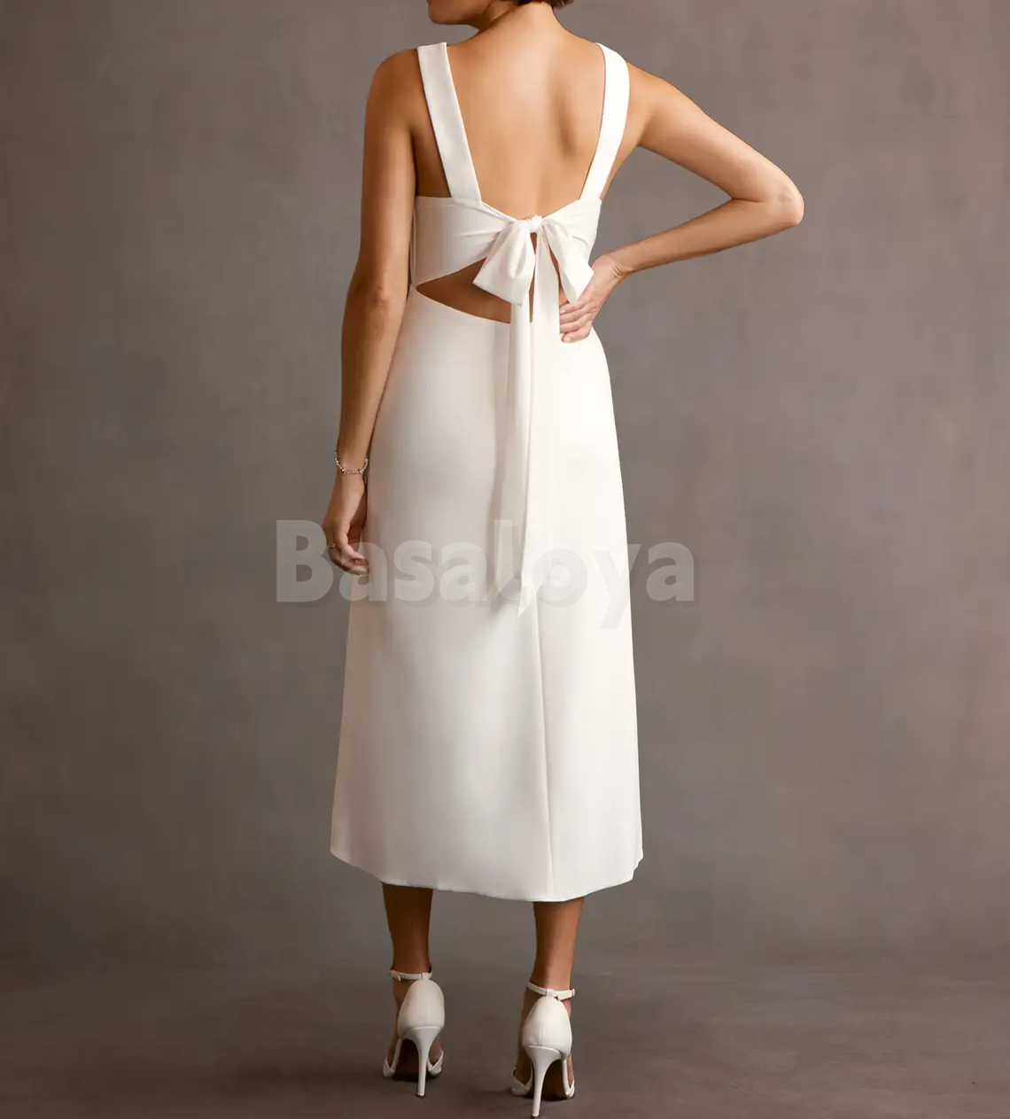 WD0115 Classic V-Neck Straight Midi Bow Wedding Dress with Slit Boho Gown