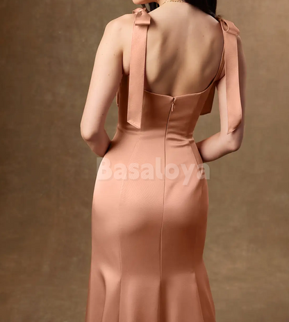SP0274 Classic Pink Sweetheart Mermaid Side Slit Satin Prom Dress with Bows