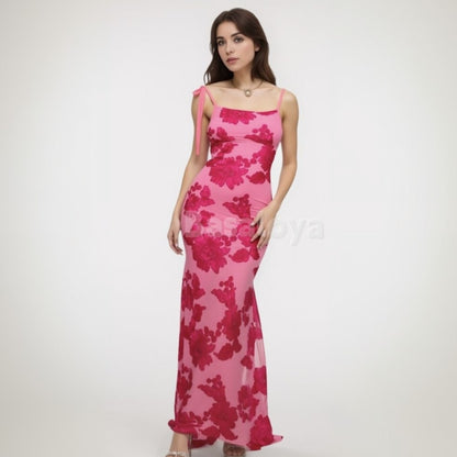 SP0064 Luxury Fuchsia Printed Spaghetti Straps Mermaid Long Prom Dress