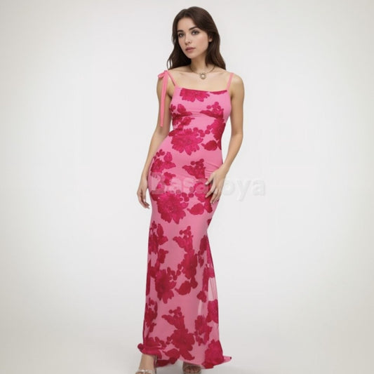 SP0064 Luxury Fuchsia Printed Spaghetti Straps Mermaid Long Prom Dress
