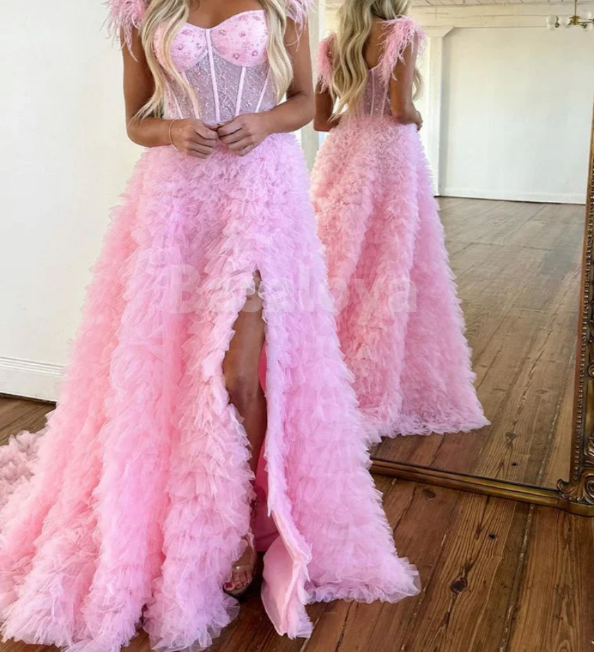 SP0167 Graceful Feathers Pink Off-Shoulder A-Line Tiered Prom Party Dress with Slit