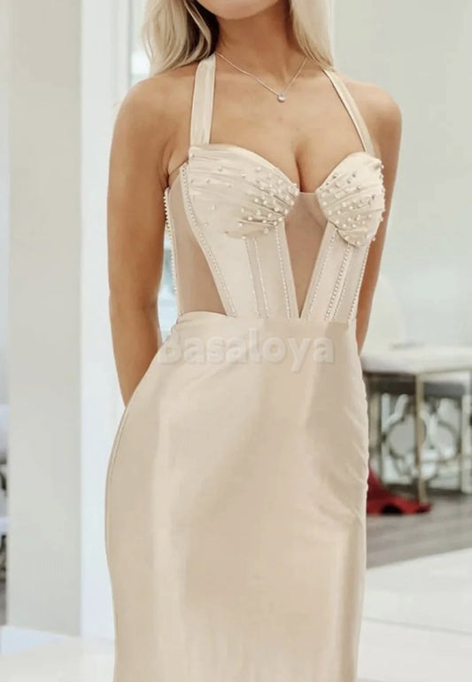 SP0093 Elegant Champagne Halter Neck Beaded Satin Prom Formal Dress