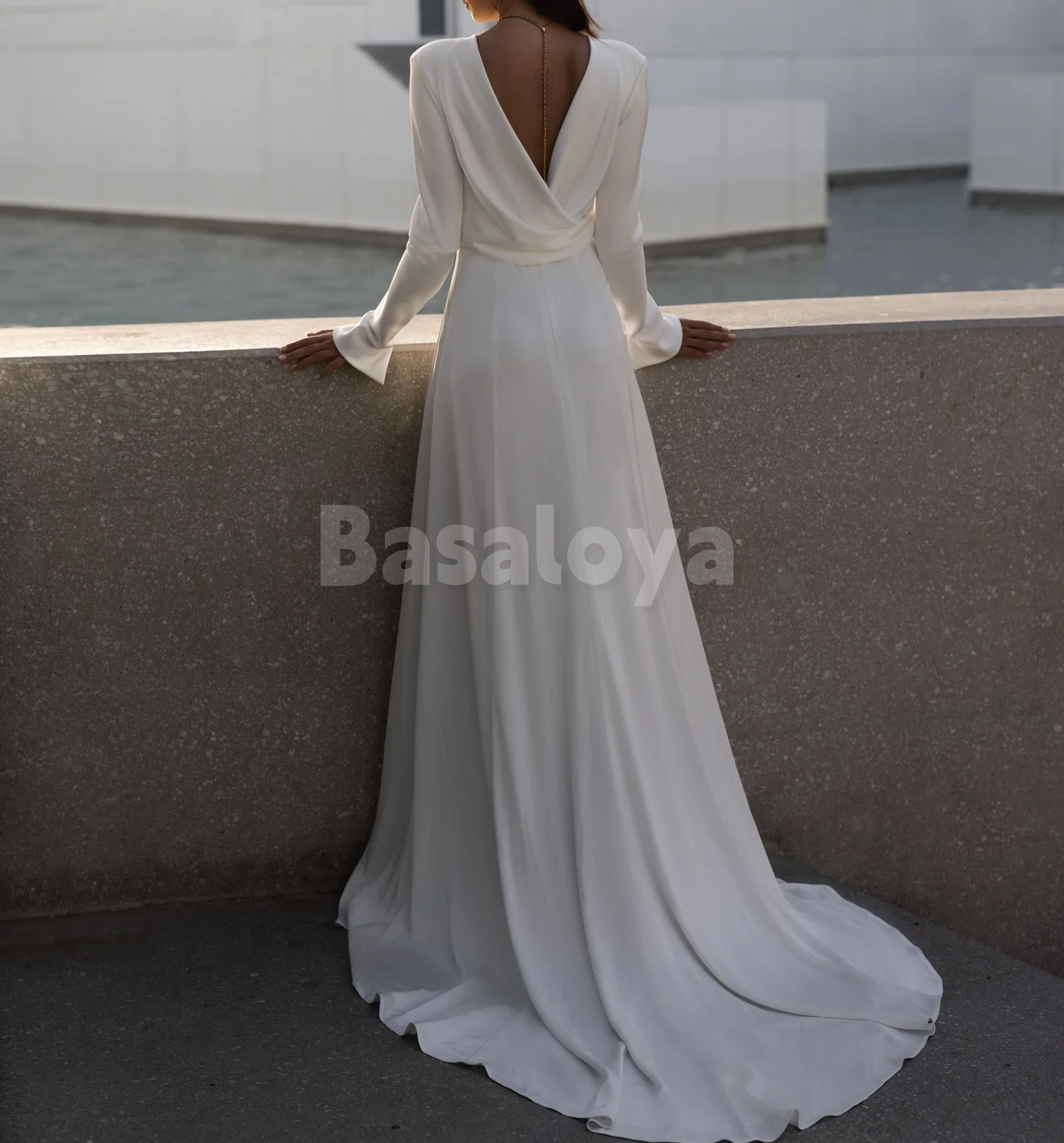WD0161 Elegant White Long Sleeves A-Line Satin Wedding Dress with Train