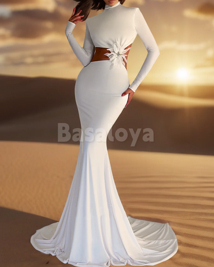 WD0173 Elegant Long Sleeve High Neck Mermaid Wedding Dress with 3D Floral