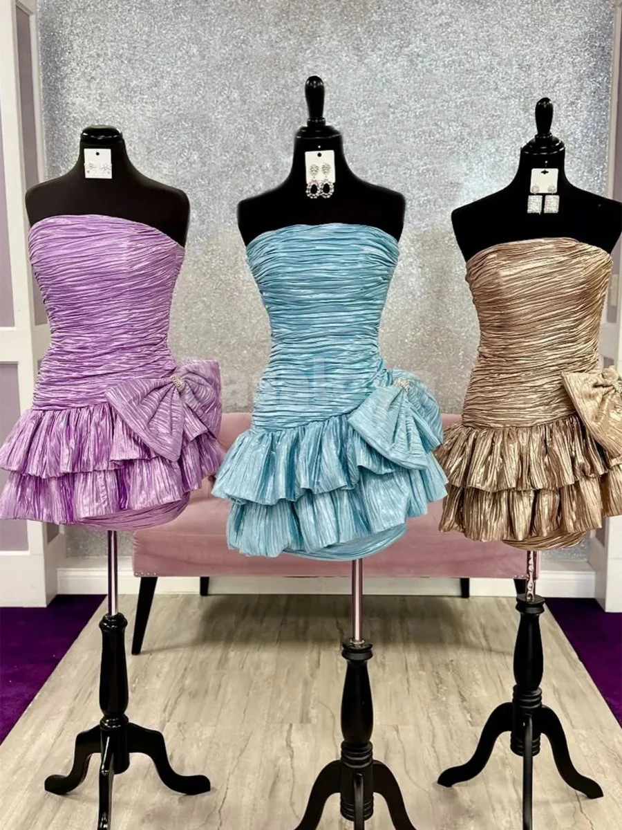 HM0043 Gorgeous Blue Strapless Bodycon Tiered Homecoming Gown with Bow