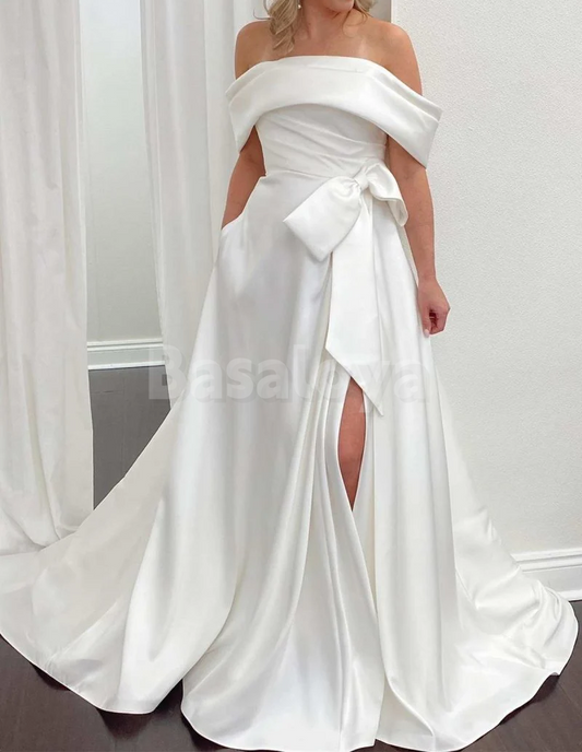 WD0058 Graceful Off-Shoulder A-Line High Slit Satin Wedding Dress with Bow
