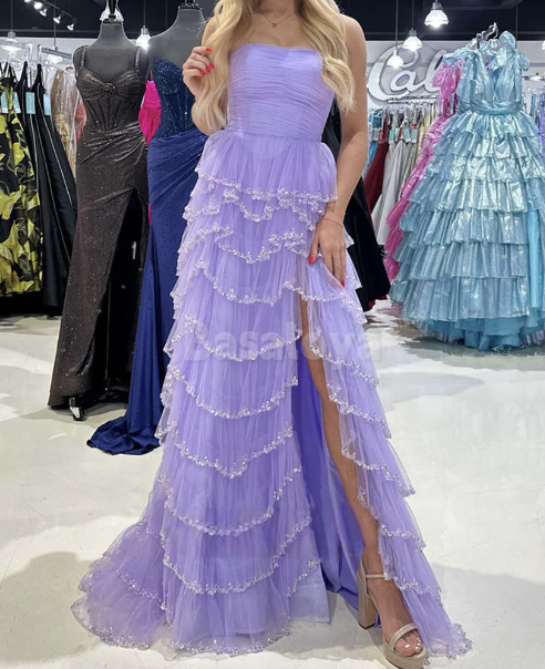 SP0098 Elegant Lavender Strapless A-Line Tiered Lace Prom Party Dress