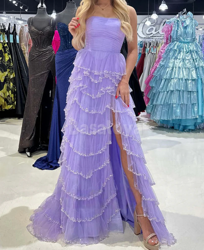 SP0098 Elegant Lavender Strapless A-Line Tiered Lace Prom Party Dress