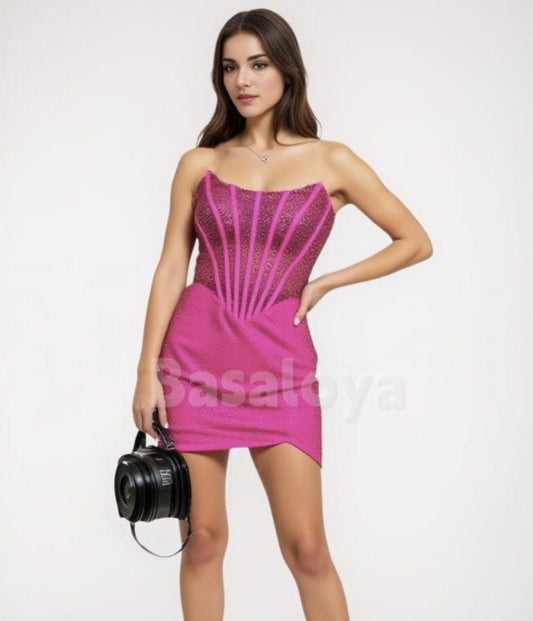 HM0021 Sparkly Beaded Fuchsia Strapless Bodycon Mini Homecoming Dress