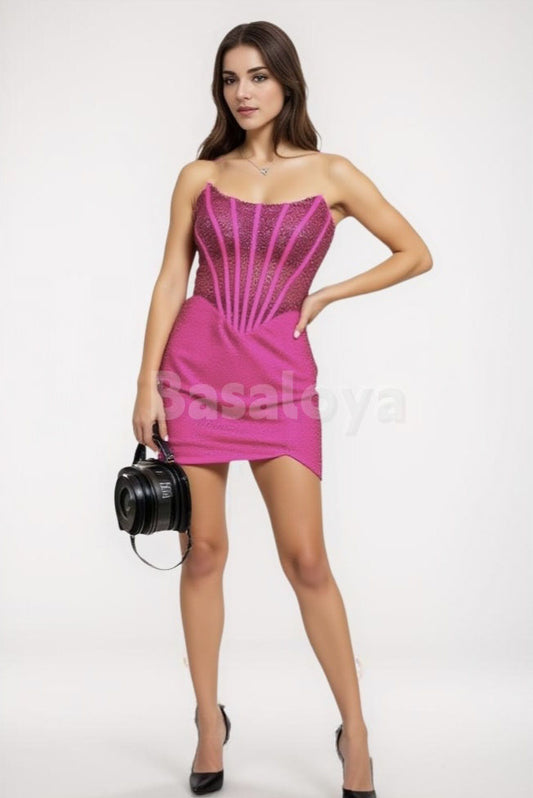 HM0021 Sparkly Beaded Fuchsia Strapless Bodycon Mini Homecoming Dress