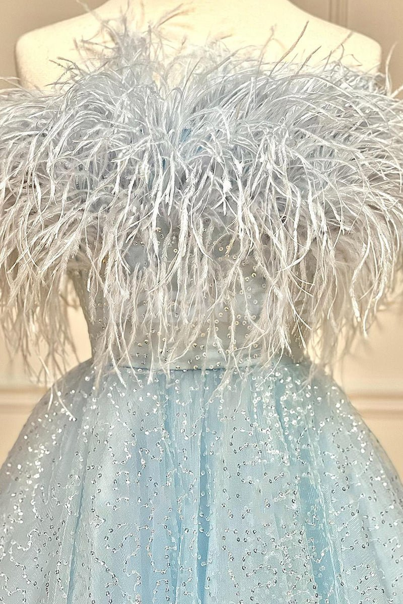 HM0148 Luxury Feathers Blue A-Line Strapless Sequined Homecoming Gown