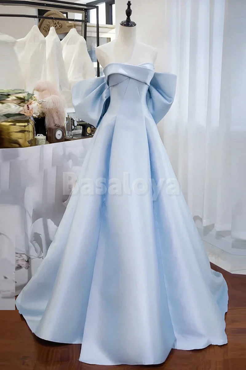 ED0078 Simple Sky Blue Sweetheart A-Line Evening Gown with Bow Party Gown