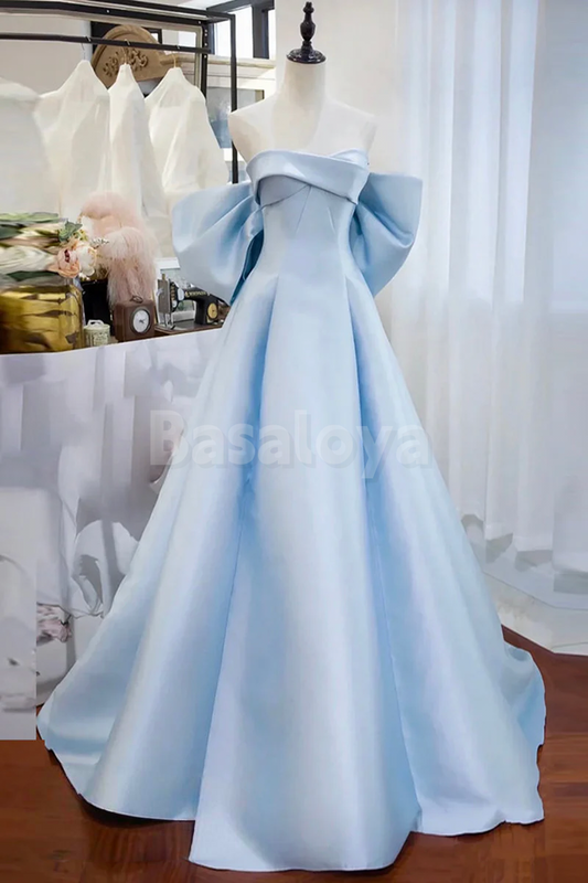 ED0078 Simple Sky Blue Sweetheart A-Line Evening Gown with Bow Party Gown