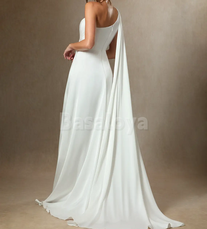 WD0056 Classic White One Shoulder Sheath Draped Bridal Gown with Slit