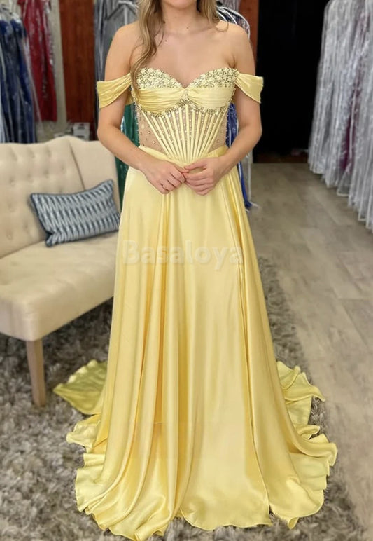 SP0096 Luxury Yellow Off-Shoulder A-Line Prom Dress with Beaded