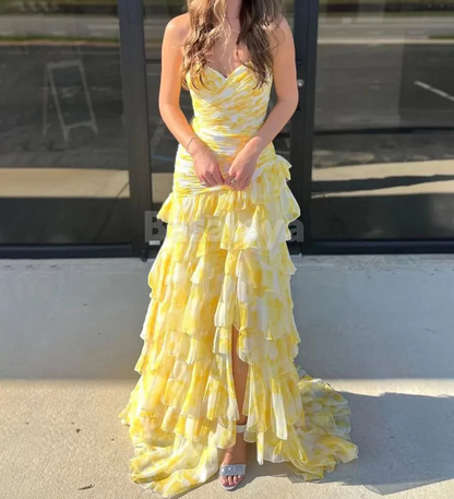 SP0142 Cute Yellow Sweetheart Mermaid Tiered Chiffon Prom Dress Party Gown