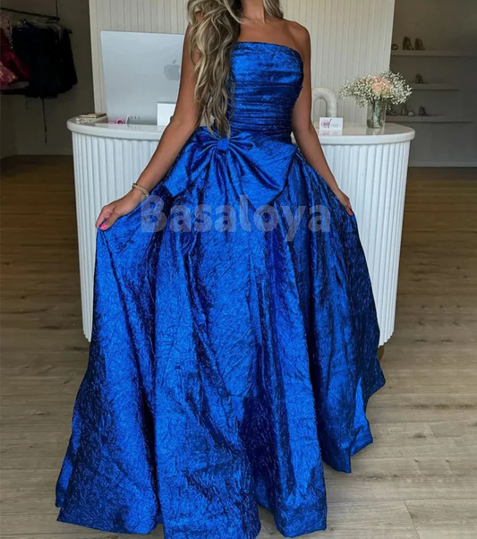 SP0157 Glamorous Royal Blue Strapless A-Line Pleats Party Prom Dress with Bow